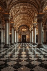 Fototapeta premium Grand Hallway Adorned with Red Petals and Majestic Pillars