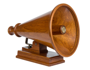 Vintage Wooden Megaphone with Handle, Angled Side View, isolated on transparent background.