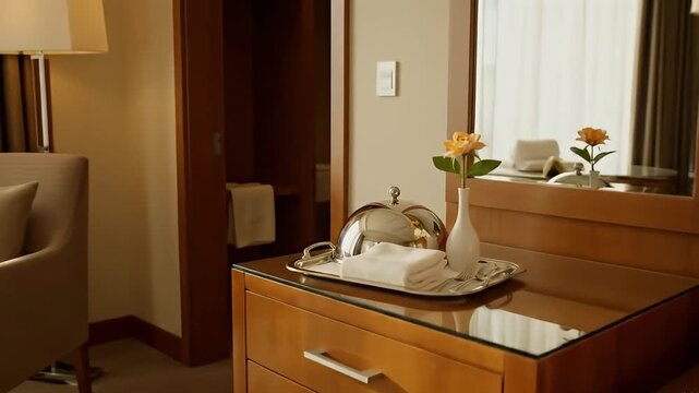 Hotel room showcasing a beige armchair a floor lamp and wooden furniture with amenities like a flower a covered dish and a telephone
