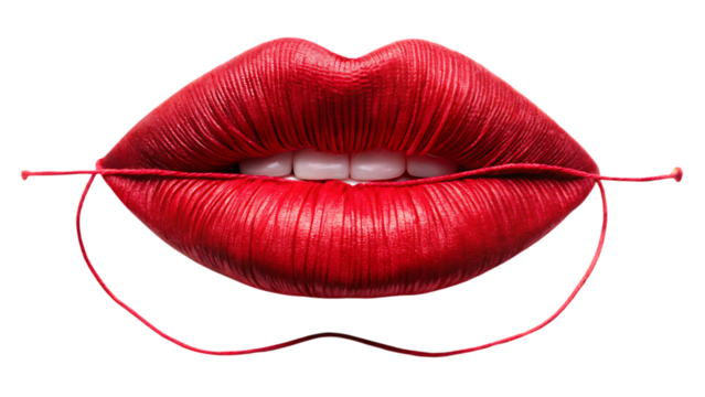 Stitched Mouth with One Loose Thread – Symbolizing Breaking the Silence, Isolated on Transparent Background, AI Generated