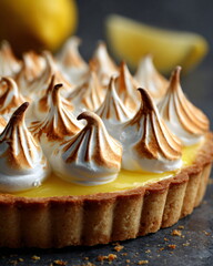 close-up of lemon tart with toasted meringue peaks
