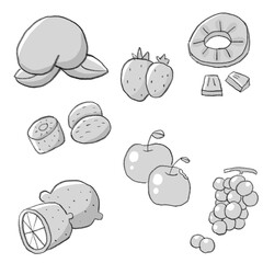 いろいろなフルーツのイラスト　グレー