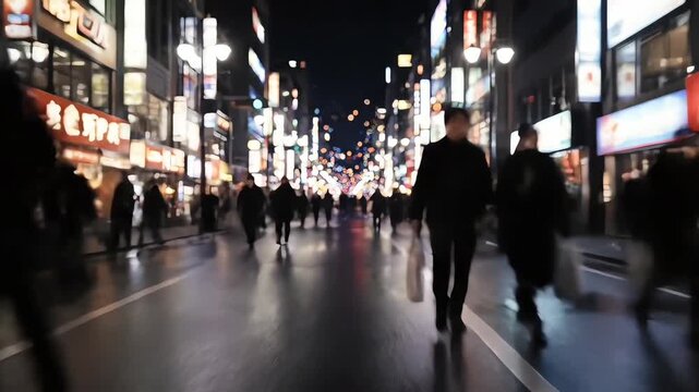 Anonymous man walking through a bustling city street at night, surrounded by a motion-blurred crowd and vibrant neon lights
