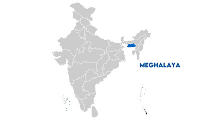 Fototapeta premium Meghalaya map highlighted with name, Indian states, suitable for education, business, presentations, print, web use, and creative geographic projects. Indian union territory.