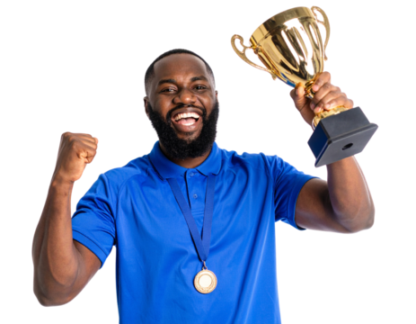 Athlete Holding Golden Trophy in Victory Pose, isolated on transparent background.