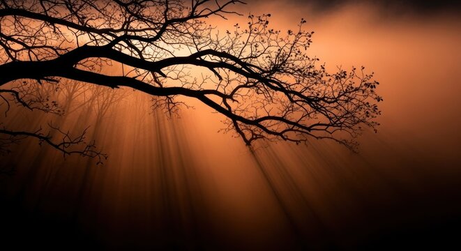 A silhouette of a tree with bare branches against a hazy orange sky with sun rays shining through it