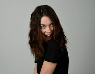 Brunette Woman Head and Shoulders Studio Portrait Isolated on White Background Happy Smiling Playful Expressions
