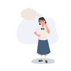 a thai schoolgirl in traditional school uniform standing thoughtful with a cloud bubble symbolizing