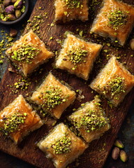 overhead view of baklava pieces with crushed pistachios