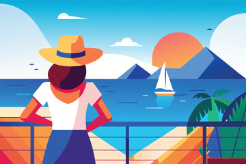 Fototapeta premium Woman in sun hat gazing at calm ocean under serene sky, with sailboat in distance. Peaceful coastal illustration ideal for travel, summer, vacation, lifestyle, and relaxation themes.