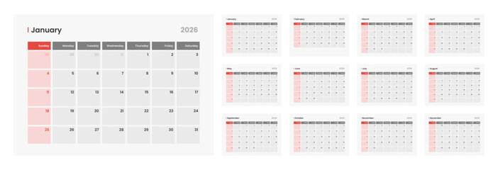 Clean and simple 2026 calendar design. 2026 monthly calendar template for company. Daily planner calendar template.