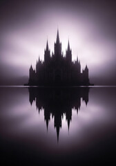 Fototapeta premium Mysterious silhouette of a gothic castle reflected perfectly in still dark water under a dramatic twilight sky
