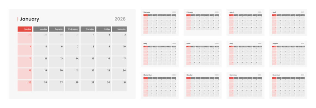 Clean and simple 2026 calendar design. 2026 monthly calendar template for company. Daily planner calendar template.