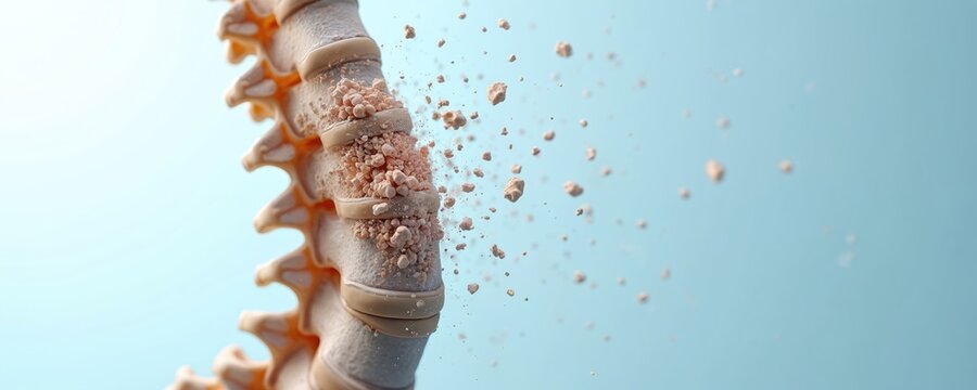 3D illustration of human spine showing bone loss due to osteoporosis. Vertebrae deterioration, porous bone structure, spinal column weakness. Medical graphic visualizes calcium deficiency, bone