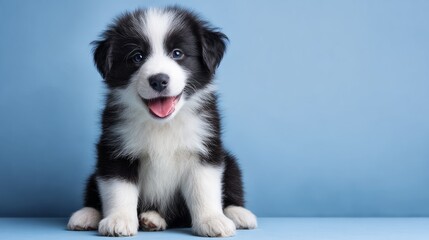Fototapeta premium Fluffy Border Collie puppy portrait, sitting with smiling face, isolated on clean blue background, pet adoption and animals banner, 3D render with textured base