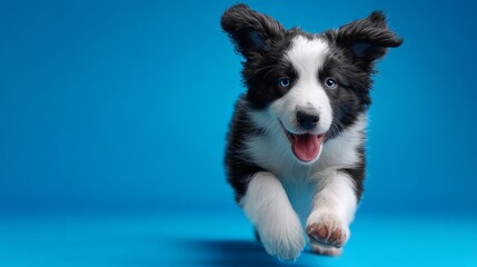 Fototapeta premium Playful Border Collie puppy portrait isolated on vivid blue background, joyful family pet advertising banner, 3D render with textured base