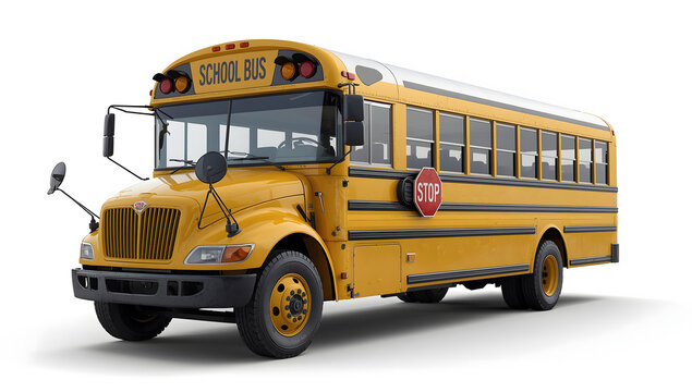 yellow school bus with headlights mirrors and stop sign arm on white