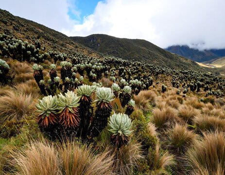 Andean landscape of frailejones plants on a mountain slope under a partly cloudy sky full of