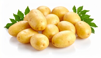 Whole and halved light brown potatoes with smooth surfaces and small spots, garnished with fresh green herbs