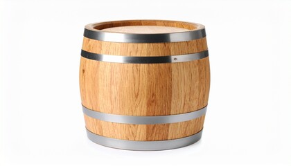 Fototapeta premium Traditional cylindrical wooden barrel with light-colored staves and three evenly spaced metal bands;