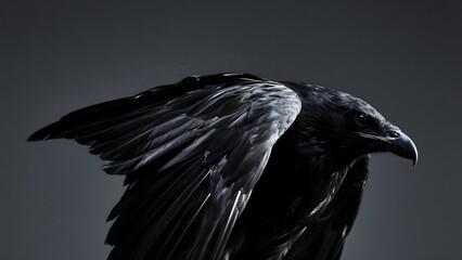 A black bird with outstretched wings against a dark background