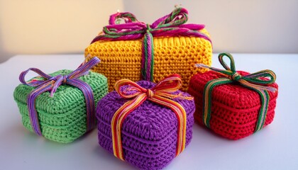 assorted crochet gift boxes with multicolored yarn ribbons creative crochet present decorations in red green yellow and purple