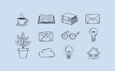 Collection of hand drawn icons representing business and lifestyle elements