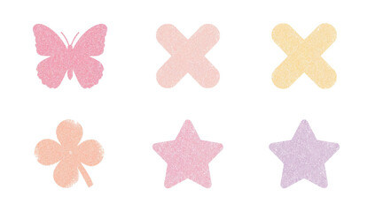 Pastel Textured Shapes on a Transparent Area, Butterfly, Crosses, Clover and Stars Symbolizing