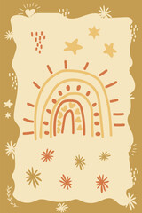 Rainbow with stars and sunburst, golden bohemian vector poster, whimsical decorative abstract illustration