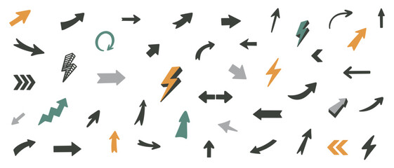Hand drawn arrow vector set. Collection different doodle design elements, mark point icons for business and education.