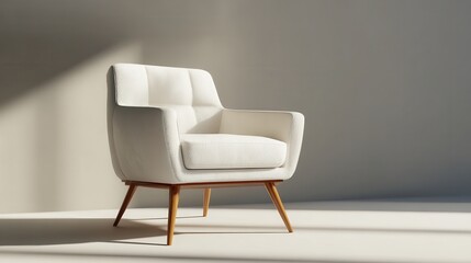 A 4K photo of  white armchair with wooden legs is positioned slightly angled on a neutral surface. Elegant modern furniture design.