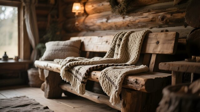 Cozy Log Cabin Interior with Wooden Bench and Knitted Blanket