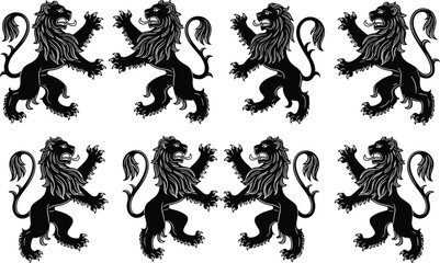Heraldic lion silhouettes, rampant lion icons, medieval coat of arms symbols, black lion emblems, vintage heraldry design, noble animal graphics