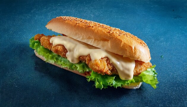 footlong sandwich features crispy chicken strips fresh lettuce melted cheese sauce on sesame seed bun fast food item offers savory delicious meal perfect for lunch dinner snack tempting