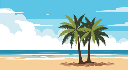 Obraz premium Serene beach scene with palm trees, gentle waves, and a clear blue sky with fluffy clouds.