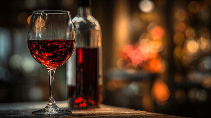side shot of red wine glass with bottle in background