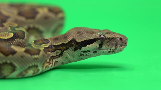 Close-up Portrait of a Brown Patterned Snake on a Green Screen Background, Ideal for Chroma Key Compositing and Wildlife Projects