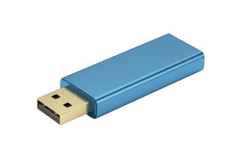 Render of a blue flash drive with gold connector isolated on transparent background