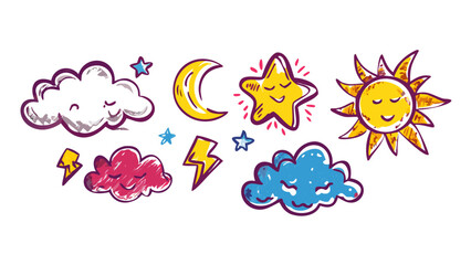 Hand drawn weather icons clouds, moon, stars, sun, and lightning, perfect for adding a whimsical touch to any design