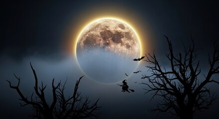 A spooky full moon shines brightly in the dark night sky over a tranquil sea, with bats