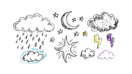 Hand drawn weather elements including clouds, rain, stars, moon and lightning in a sketch style drawing