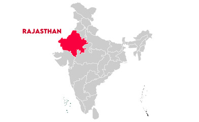 Rajasthan map highlighted with name, Indian states, suitable for education, business, presentations, print, web use, and creative geographic projects. Indian union territory.