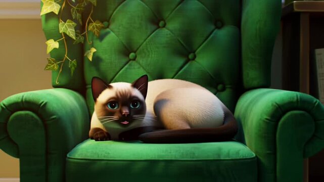 Cat on Armchair Surrounded by Hanging Ivy 