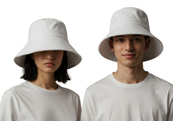 Two people wearing matching hats and shirts isolated on transparent background