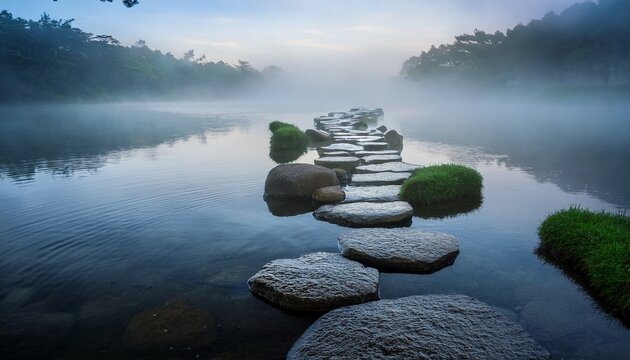 stepping stones misty path peaceful calm nature scene tranquil spiritual journey