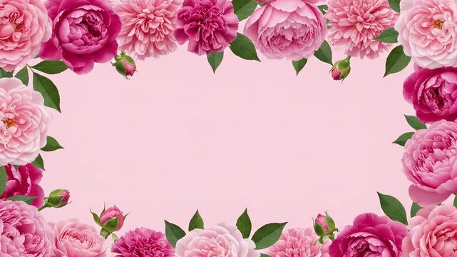 Pink floral frame with pink roses peonies and carnations
