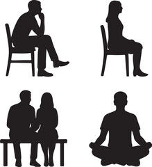 Silhouettes of people in various seated poses against a white background