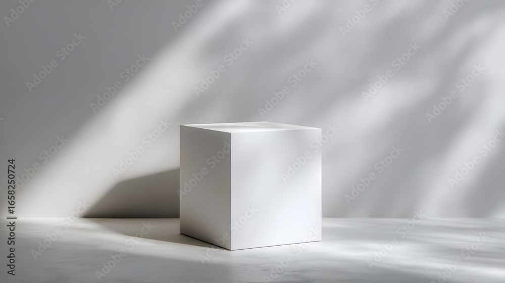 Wall mural minimalist white cube podium in a clean background with shadow lighting and sharp focus