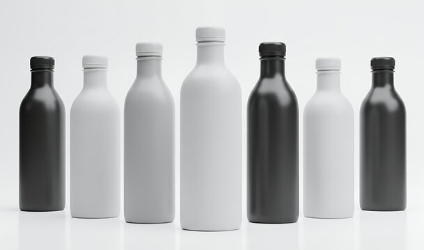 A collection of minimalist dark and light colored glass bottles with white caps, studio shot against a plain background