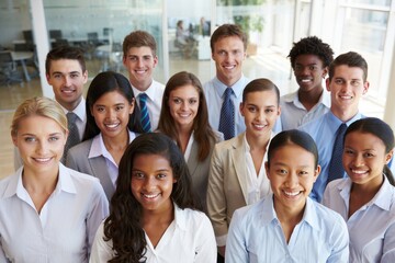 Fototapeta premium Diverse group of smiling business professionals standing together in a modern office space